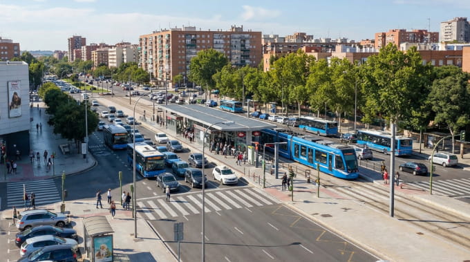 Zona urbana del sureste de Madrid con transporte publico